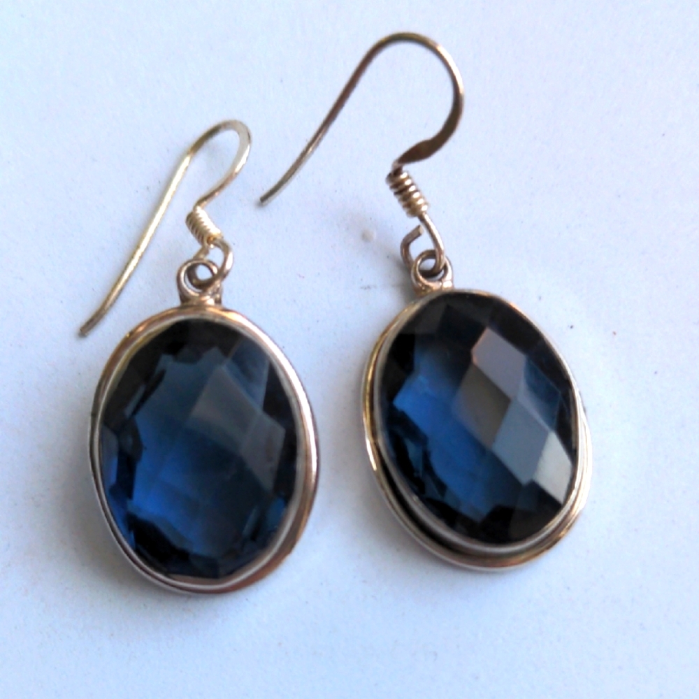 Hand Crafted Blue Faceted Glass Drop Earrings with Gold-Tone Setting